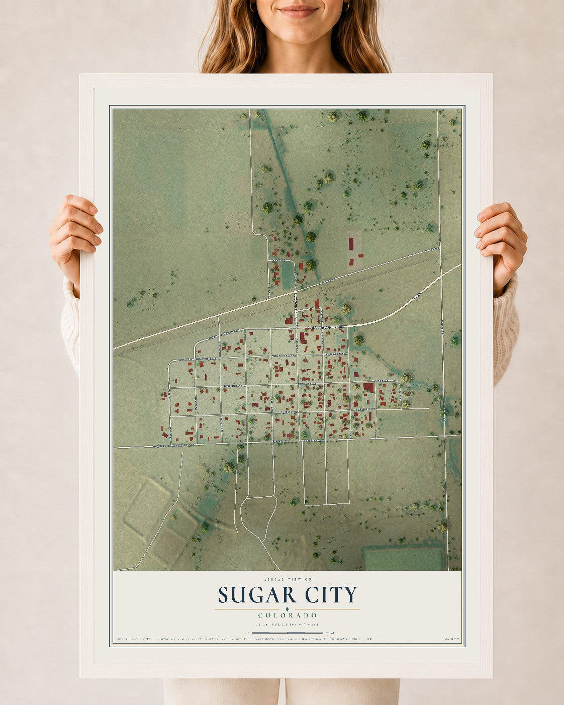 Map of Sugar City, Colorado, 24 x 36 inch print in a white wood frame