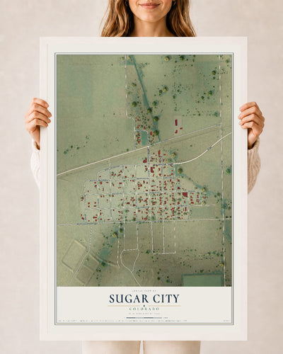Map of Sugar City, Colorado, 24 x 36 inch print in a white wood frame