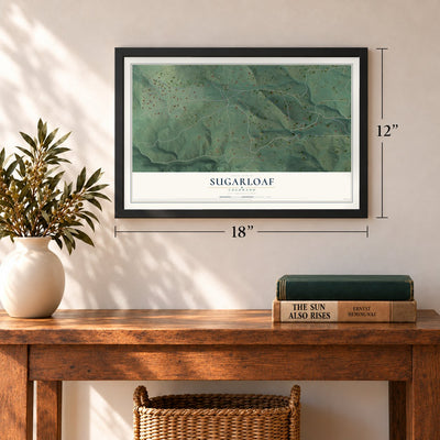 Sugarloaf, Colorado map, 12 x 18 inch print in a black frame in an entryway