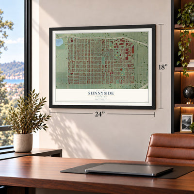 Sunnyside, Colorado map, 18 x 24 inch print in a black frame in a home office