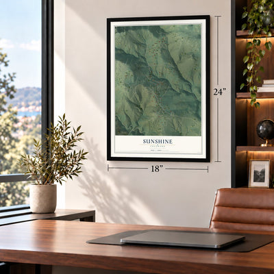 Sunshine, Colorado map, 18 x 24 inch print in a black frame in a home office