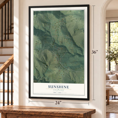 Sunshine, Colorado map, 24 x 36 inch print in a black frame by a staircase