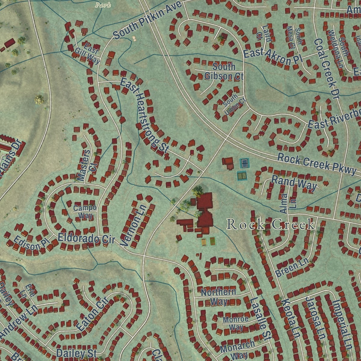 Close-up of the map of Superior, Colorado print showing street and building detail