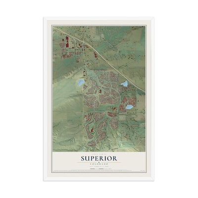 Map of Superior, Colorado, 12 x 18 inch print in a white wood frame