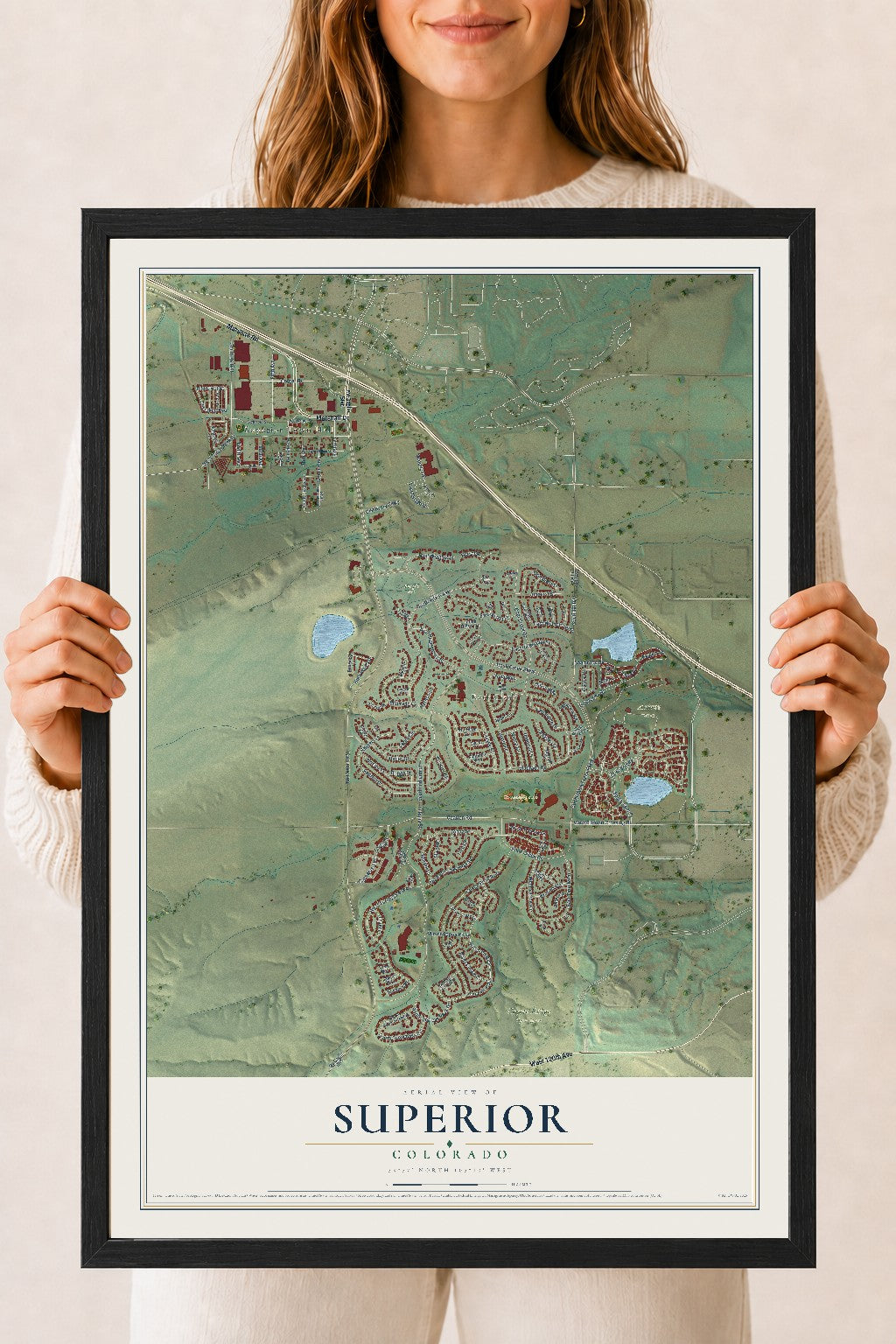 Map of Superior, Colorado, 18 x 24 inch print in a black wood frame