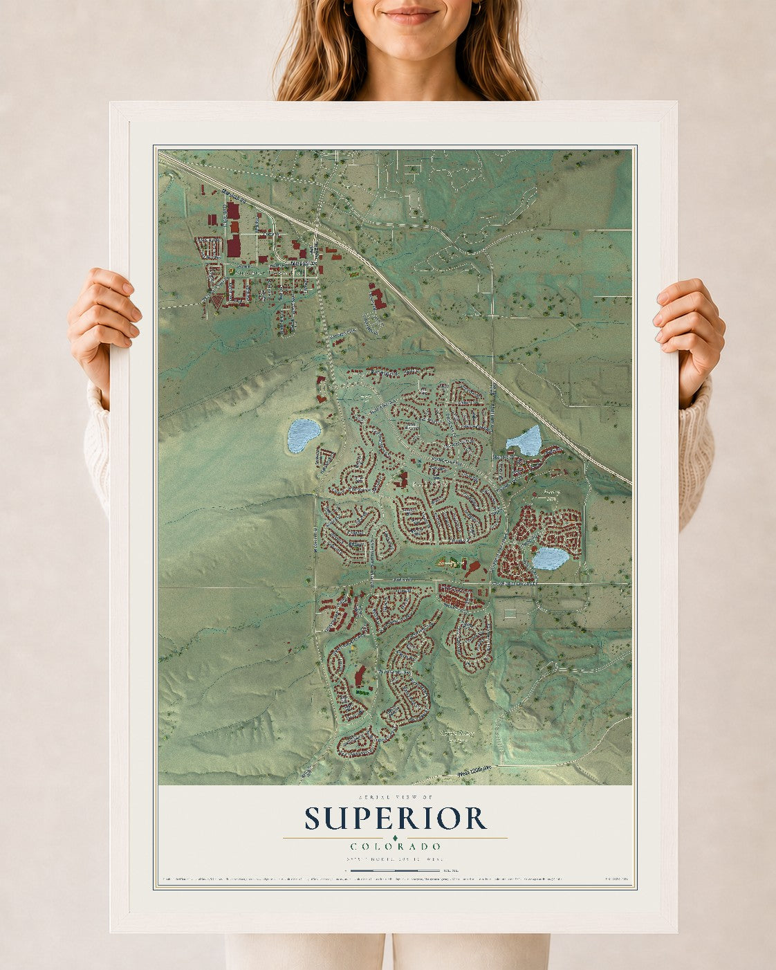Map of Superior, Colorado, 24 x 36 inch print in a white wood frame