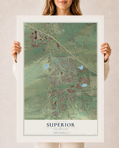 Map of Superior, Colorado, 24 x 36 inch print in a white wood frame