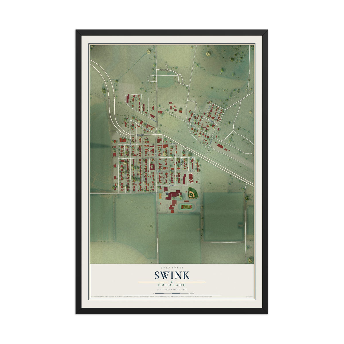 Map of Swink, Colorado, 12 x 18 inch print in a black wood frame
