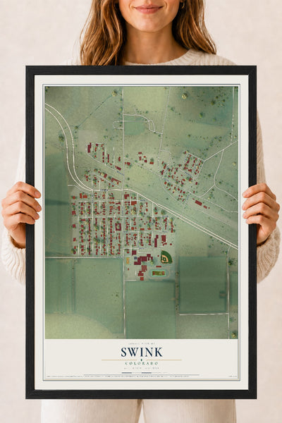 Map of Swink, Colorado, 18 x 24 inch print in a black wood frame