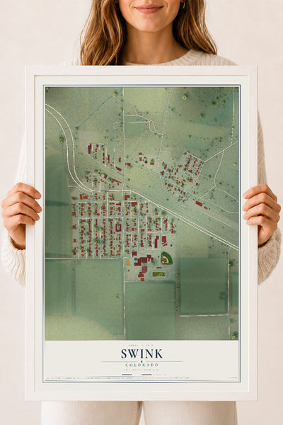 Map of Swink, Colorado, 18 x 24 inch print in a white wood frame