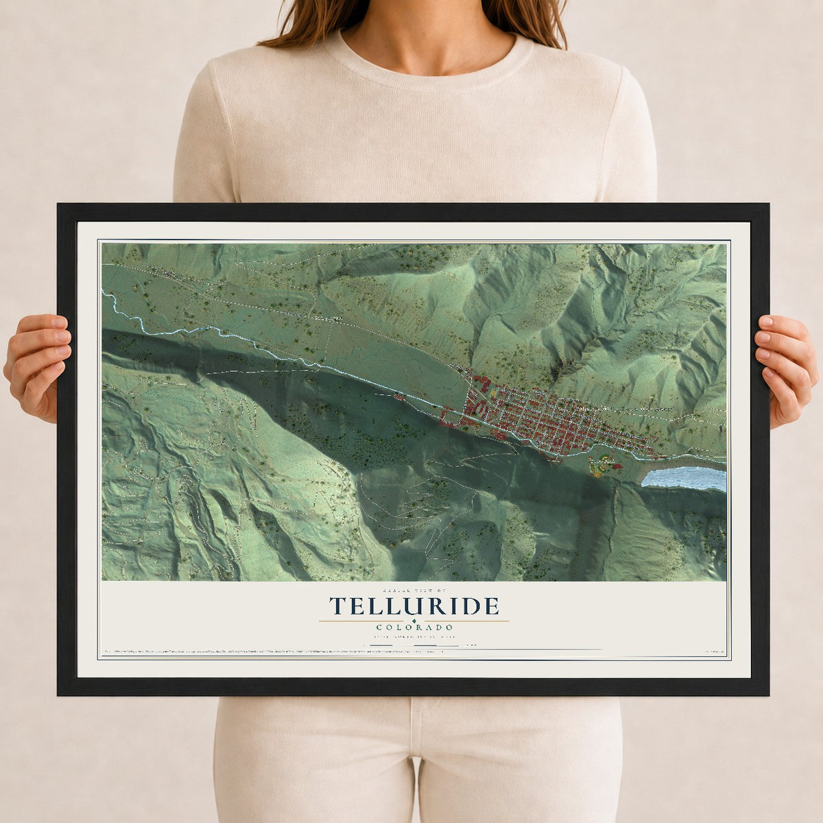 Map of Telluride, Colorado, 12 x 18 inch print in a black wood frame
