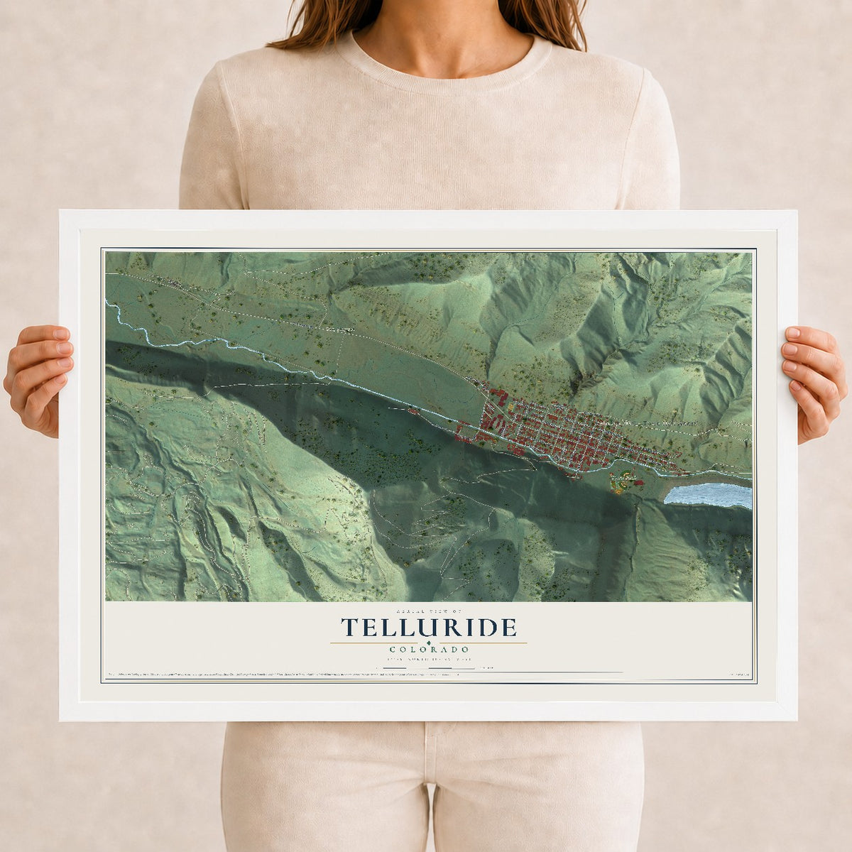 Map of Telluride, Colorado, 12 x 18 inch print in a white wood frame