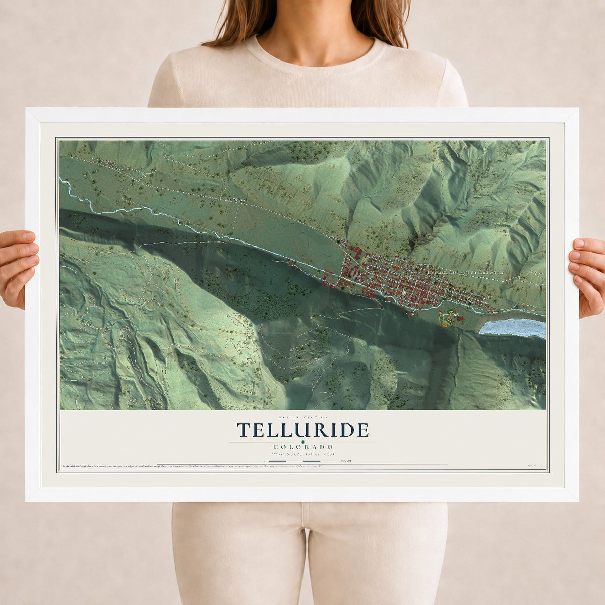 Map of Telluride, Colorado, 18 x 24 inch print in a white wood frame