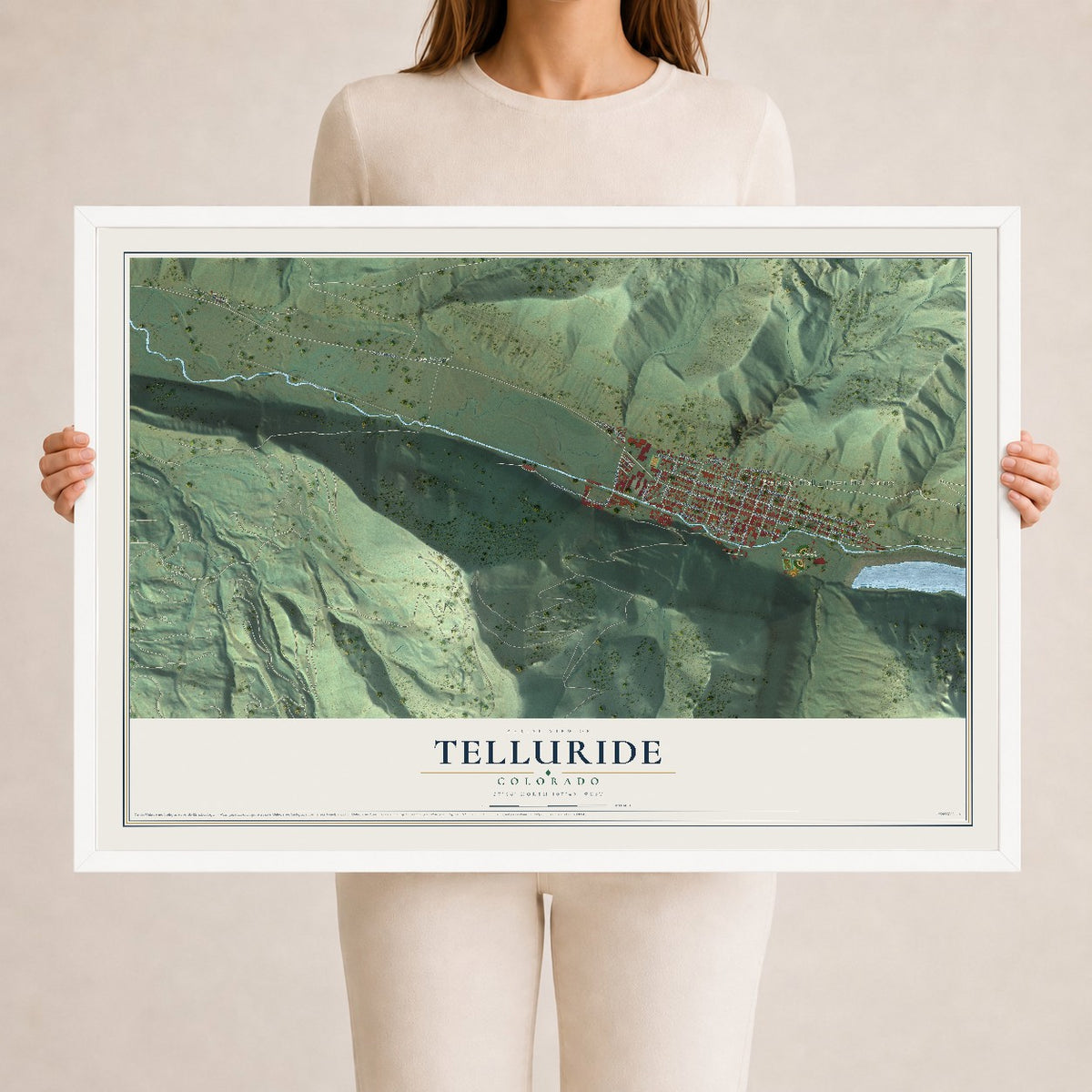 Map of Telluride, Colorado, 24 x 36 inch print in a white wood frame