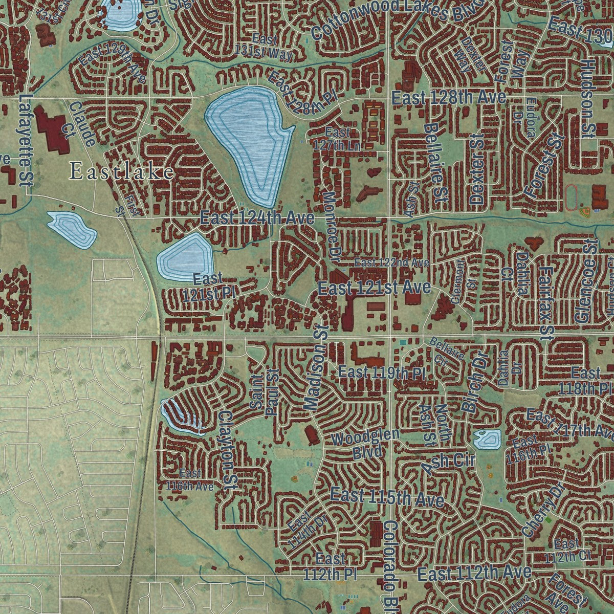 Close-up of the map of Thornton, Colorado print showing street and building detail