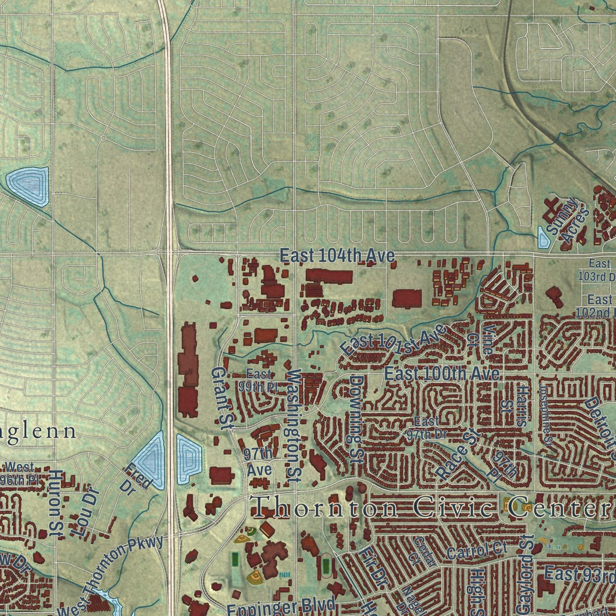 Second close-up of the map of Thornton, Colorado print showing more streets and buildings
