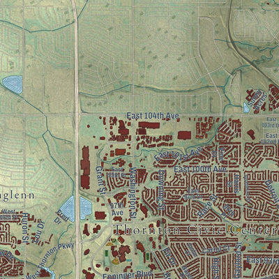 Second close-up of the map of Thornton, Colorado print showing more streets and buildings