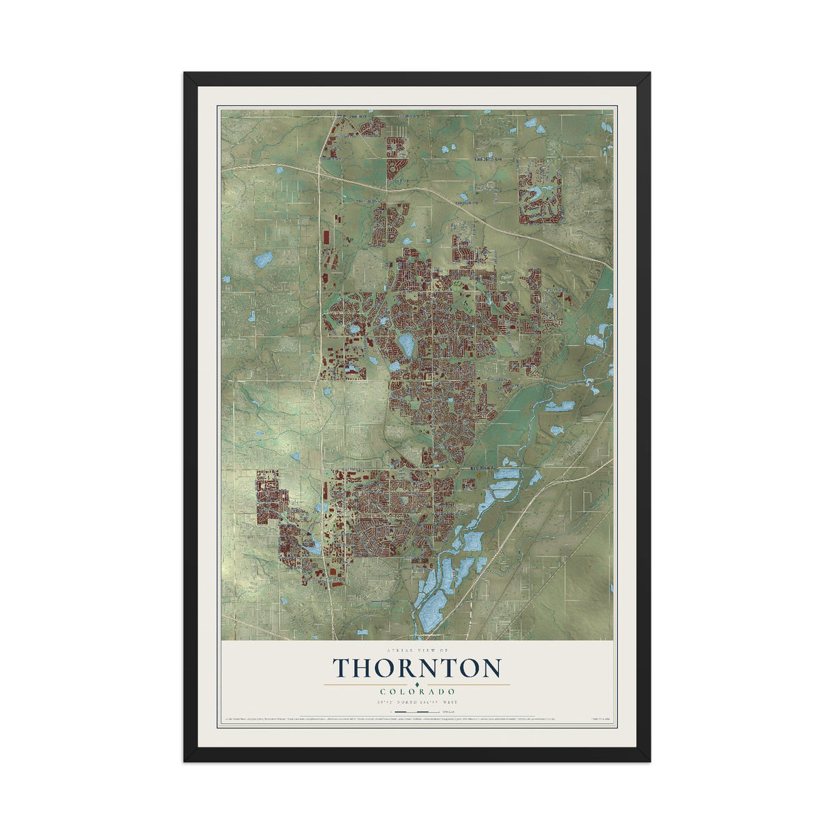 Map of Thornton, Colorado, 12 x 18 inch print in a black wood frame