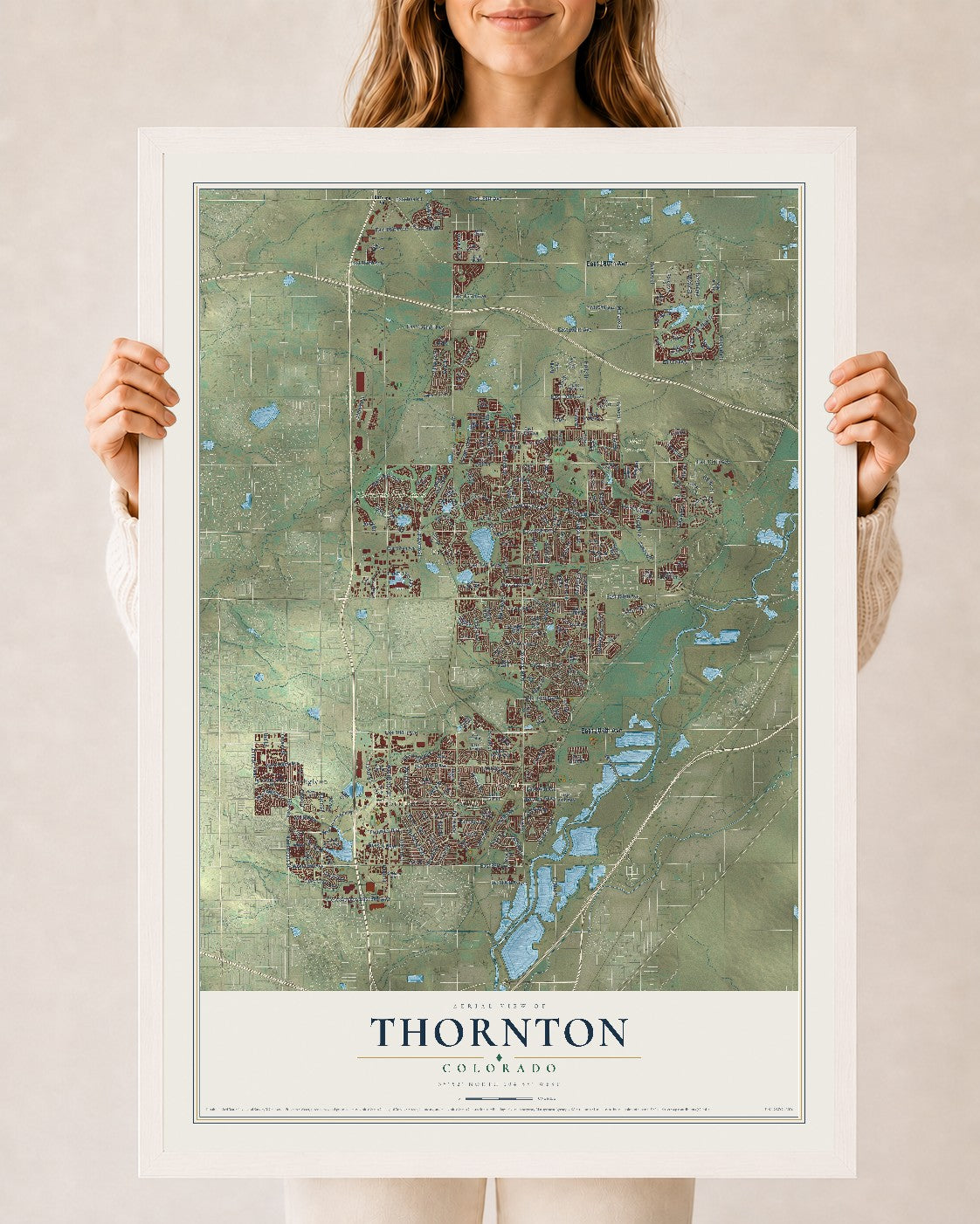 Map of Thornton, Colorado, 24 x 36 inch print in a white wood frame