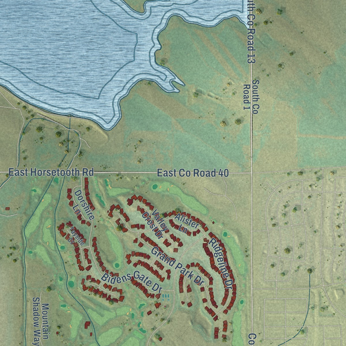 Close-up of the map of Timnath, Colorado print showing street and building detail