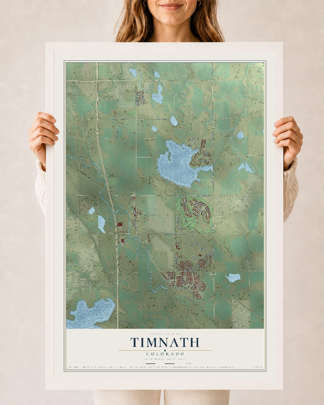 Map of Timnath, Colorado, 24 x 36 inch print in a white wood frame