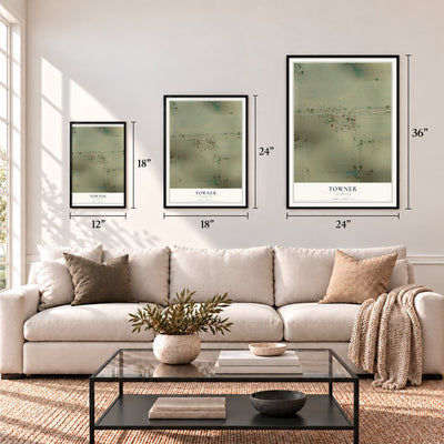 Towner, Colorado map in 12 x 18, 18 x 24 and 24 x 36 inch sizes above a sofa