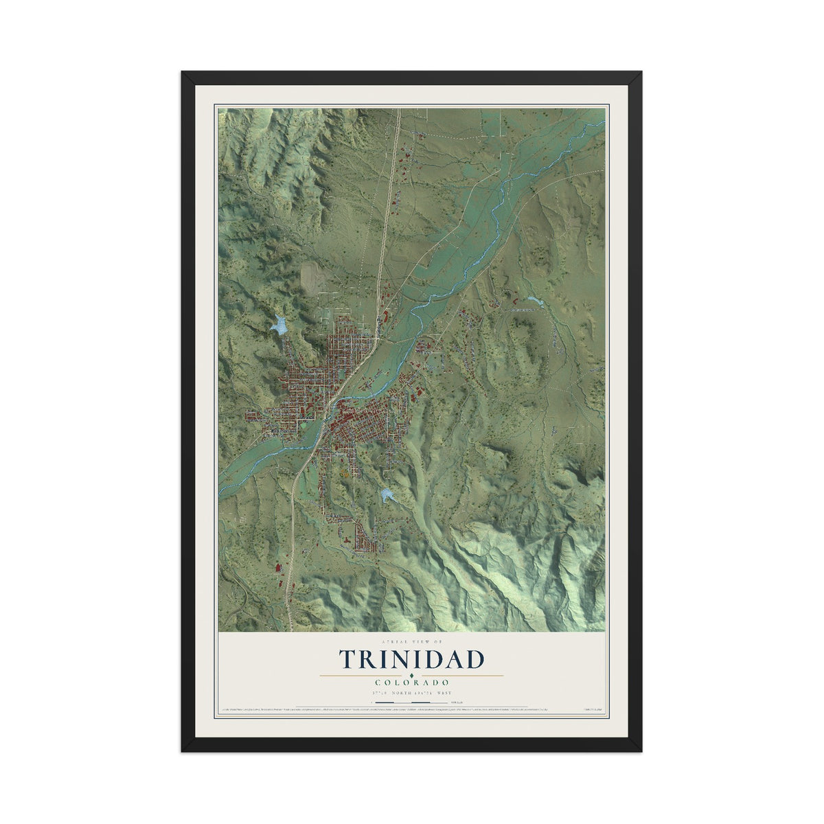 Map of Trinidad, Colorado, 12 x 18 inch print in a black wood frame