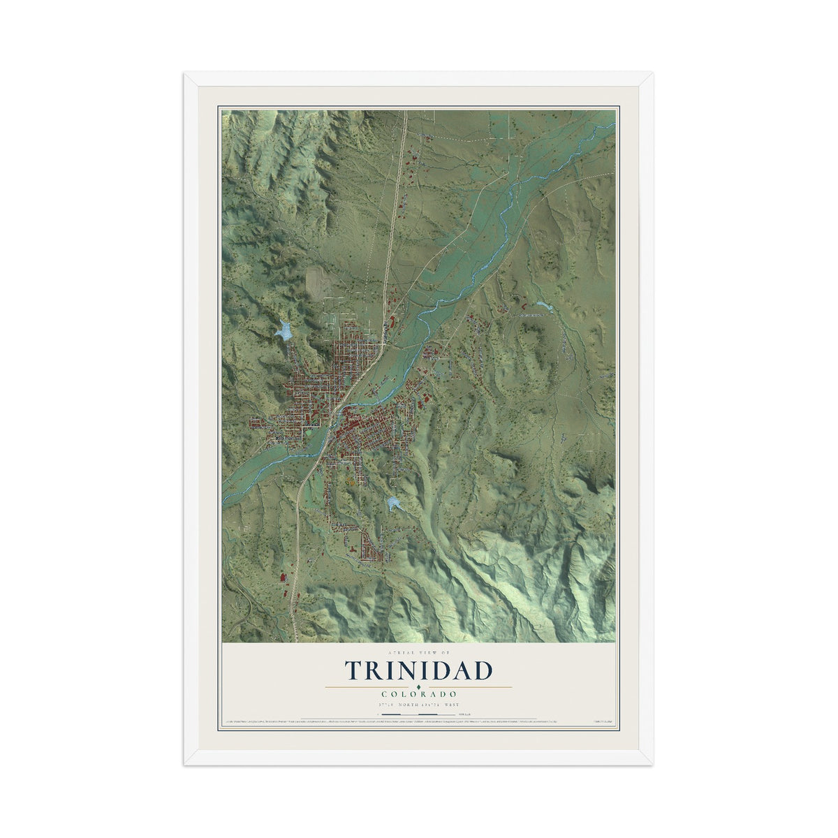 Map of Trinidad, Colorado, 12 x 18 inch print in a white wood frame