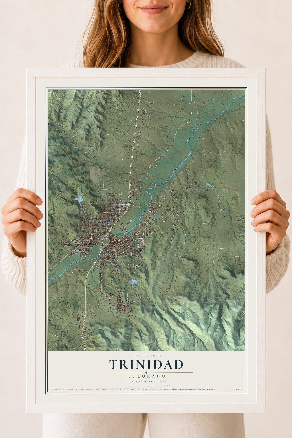 Map of Trinidad, Colorado, 18 x 24 inch print in a white wood frame