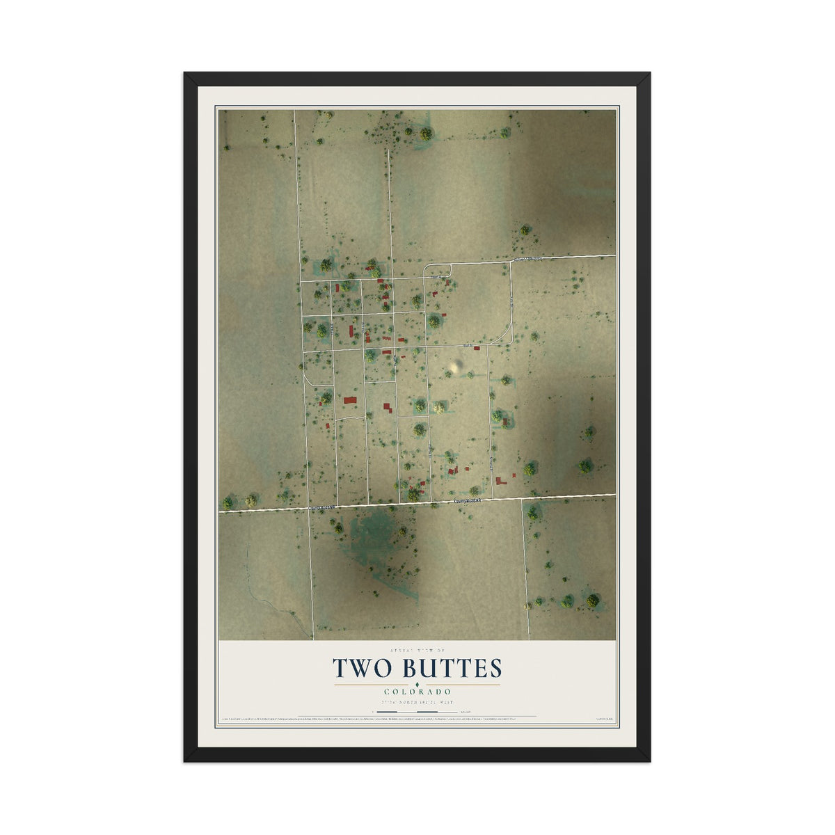 Map of Two Buttes, Colorado, 12 x 18 inch print in a black wood frame