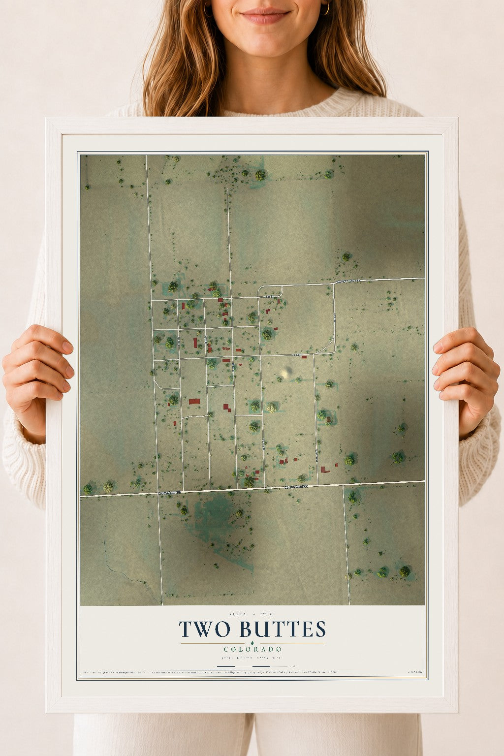 Map of Two Buttes, Colorado, 18 x 24 inch print in a white wood frame