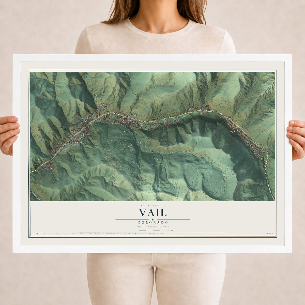 Map of Vail, Colorado, 18 x 24 inch print in a white wood frame
