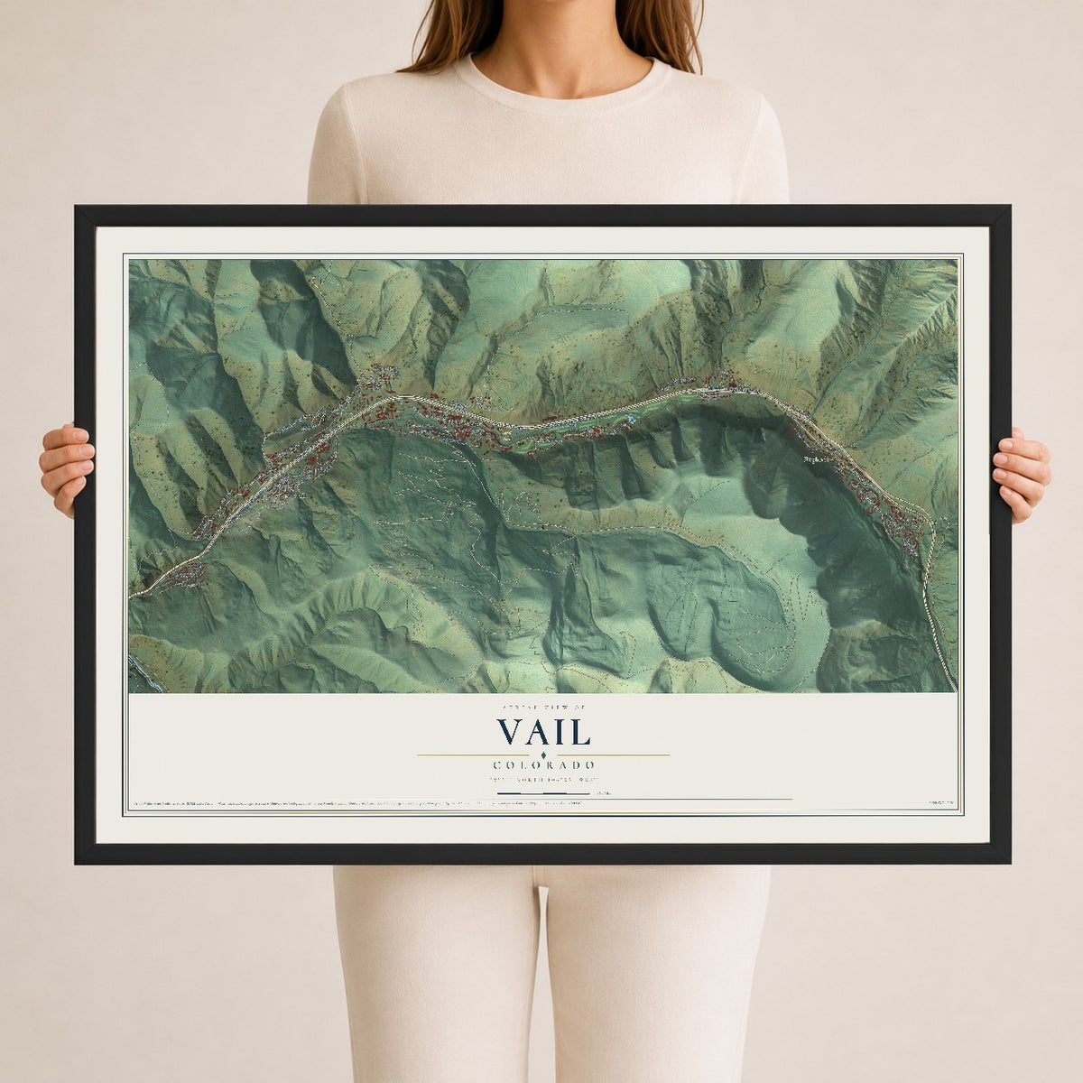 Map of Vail, Colorado, 24 x 36 inch print in a black wood frame