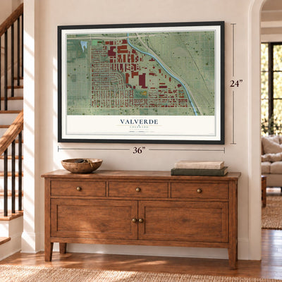 Valverde, Colorado map, 24 x 36 inch print in a black frame above a dresser by a staircase