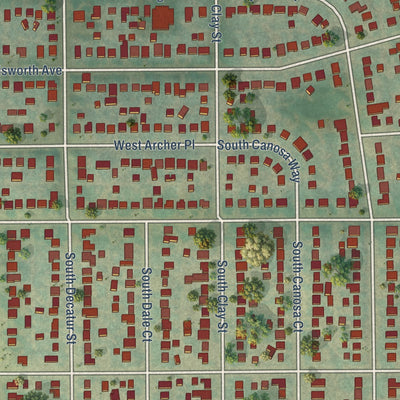 Close-up of the map of Valverde, Colorado print showing street and building detail