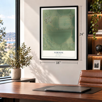 Vernon, Colorado map, 18 x 24 inch print in a black frame in a home office