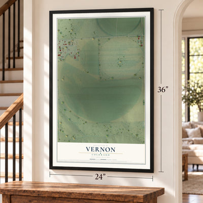 Vernon, Colorado map, 24 x 36 inch print in a black frame by a staircase
