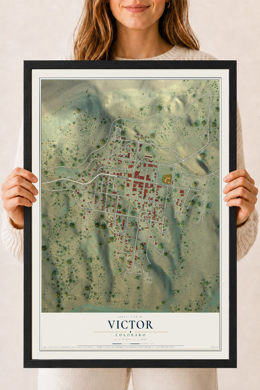 Map of Victor, Colorado, 18 x 24 inch print in a black wood frame