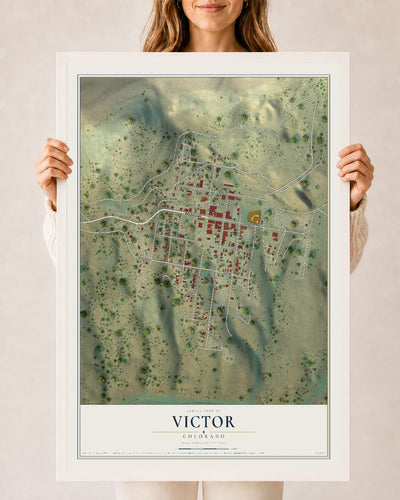 Map of Victor, Colorado, 24 x 36 inch print in a white wood frame