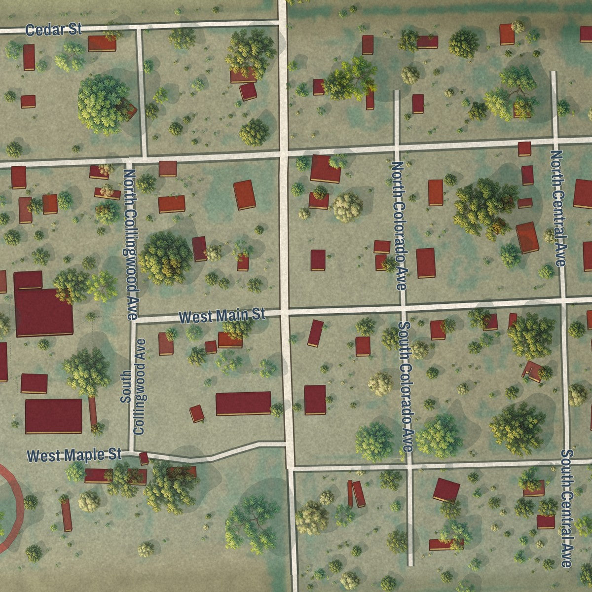 Close-up of the map of Vilas, Colorado print showing street and building detail