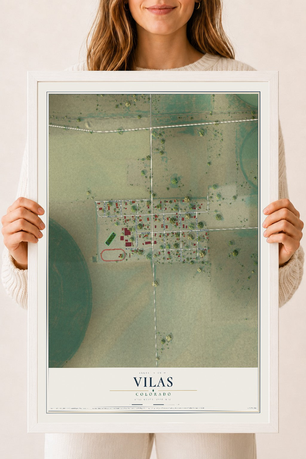 Map of Vilas, Colorado, 18 x 24 inch print in a white wood frame