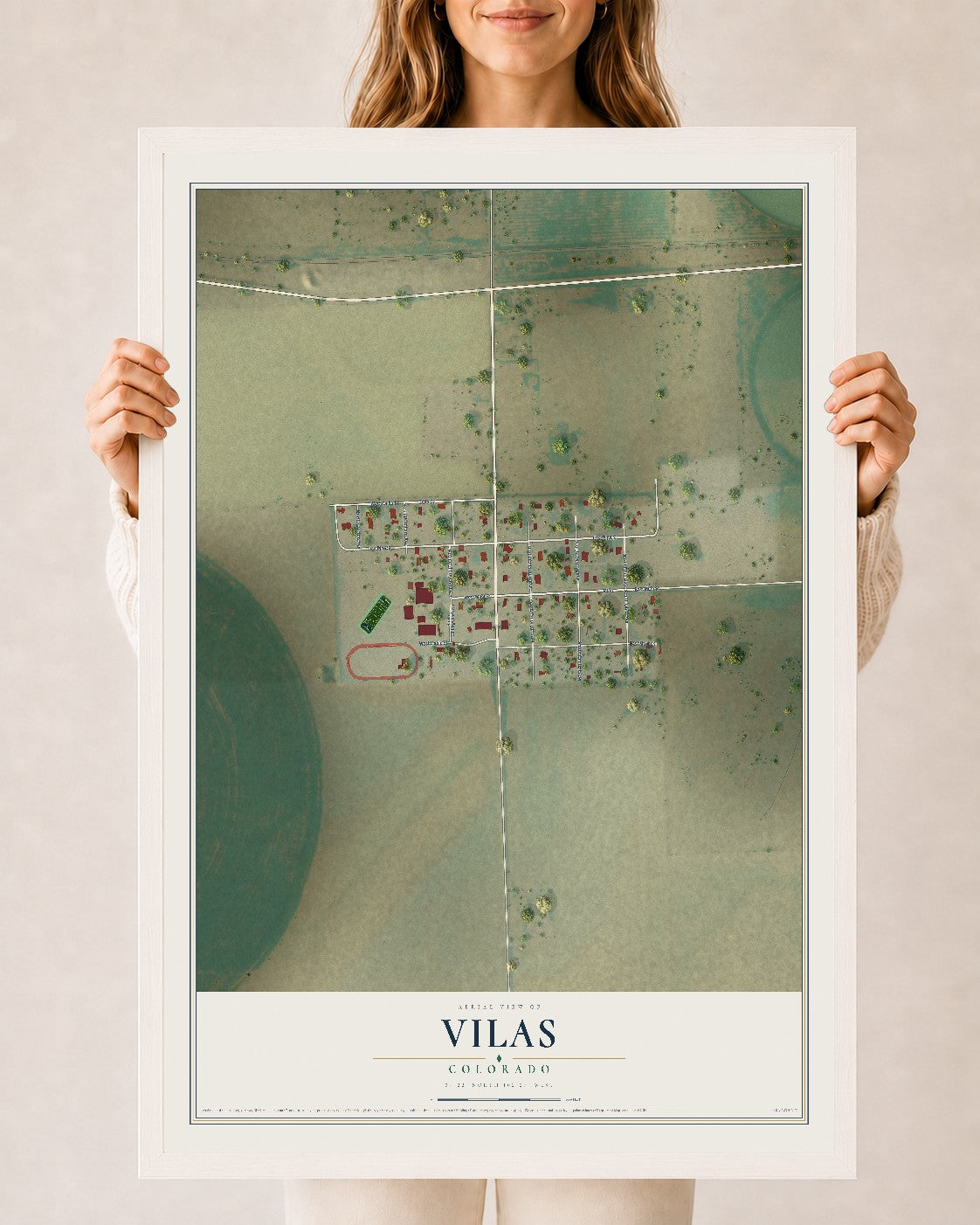 Map of Vilas, Colorado, 24 x 36 inch print in a white wood frame