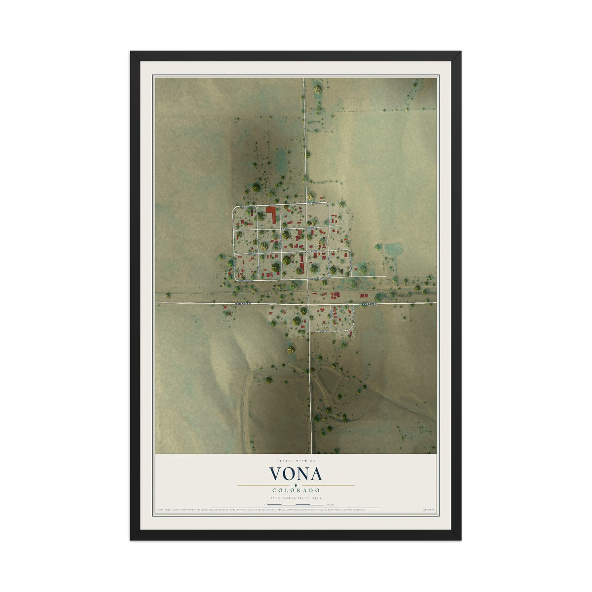 Map of Vona, Colorado, 12 x 18 inch print in a black wood frame