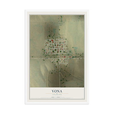 Map of Vona, Colorado, 12 x 18 inch print in a white wood frame