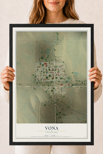 Map of Vona, Colorado, 18 x 24 inch print in a black wood frame