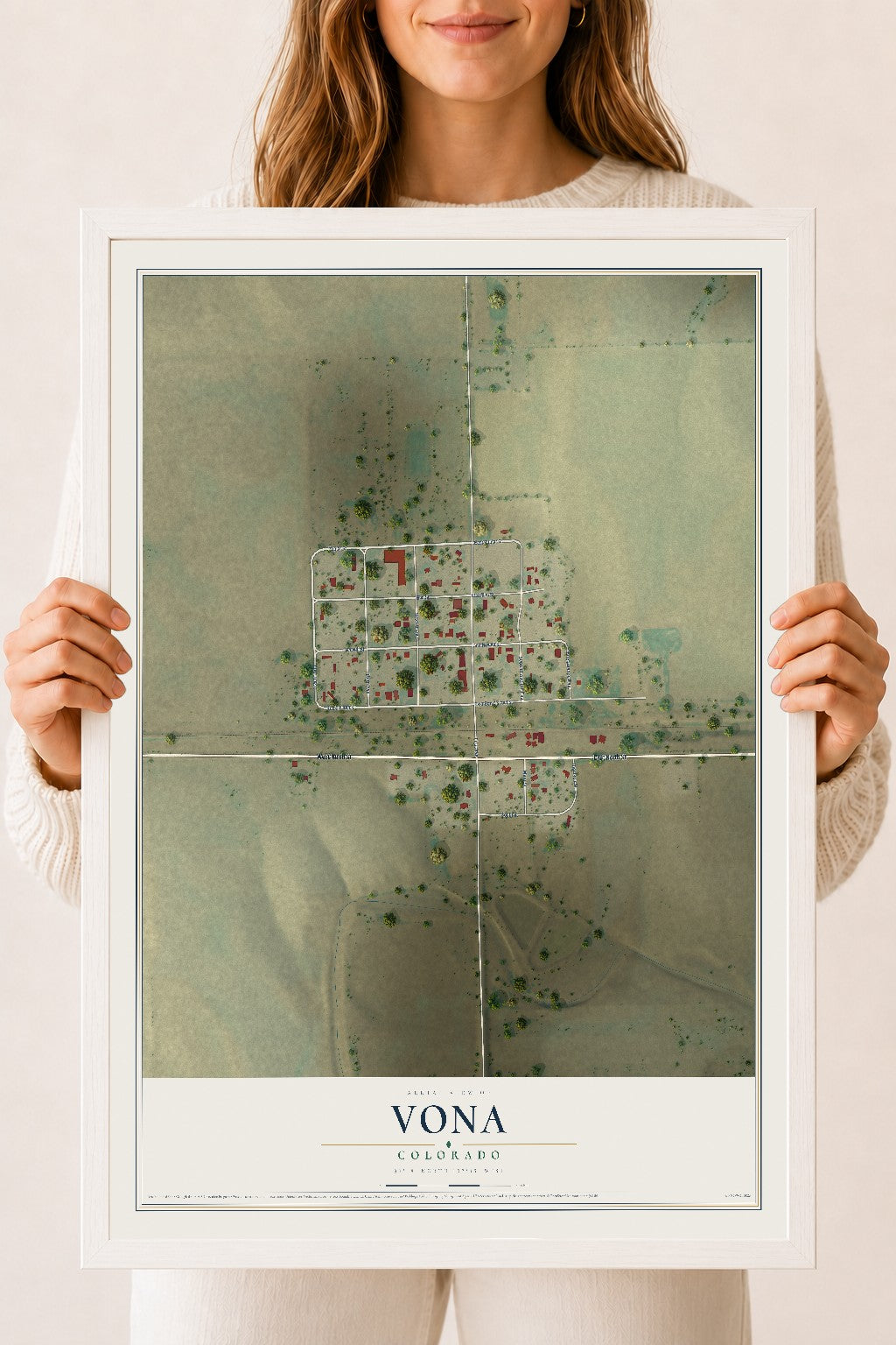 Map of Vona, Colorado, 18 x 24 inch print in a white wood frame
