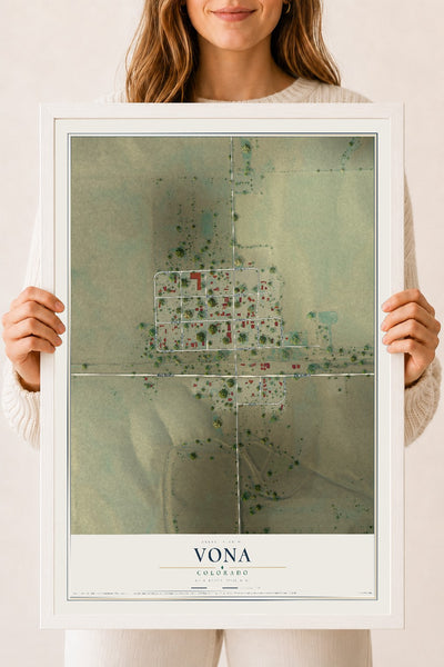 Map of Vona, Colorado, 18 x 24 inch print in a white wood frame