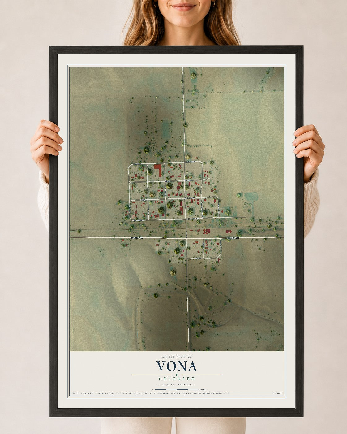 Map of Vona, Colorado, 24 x 36 inch print in a black wood frame