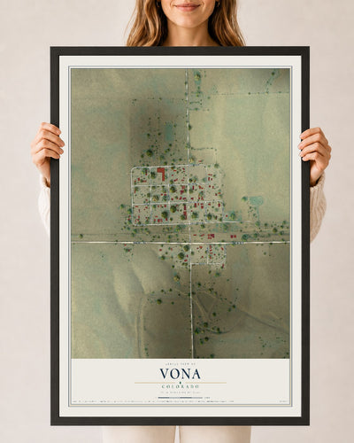 Map of Vona, Colorado, 24 x 36 inch print in a black wood frame