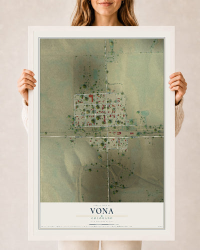 Map of Vona, Colorado, 24 x 36 inch print in a white wood frame